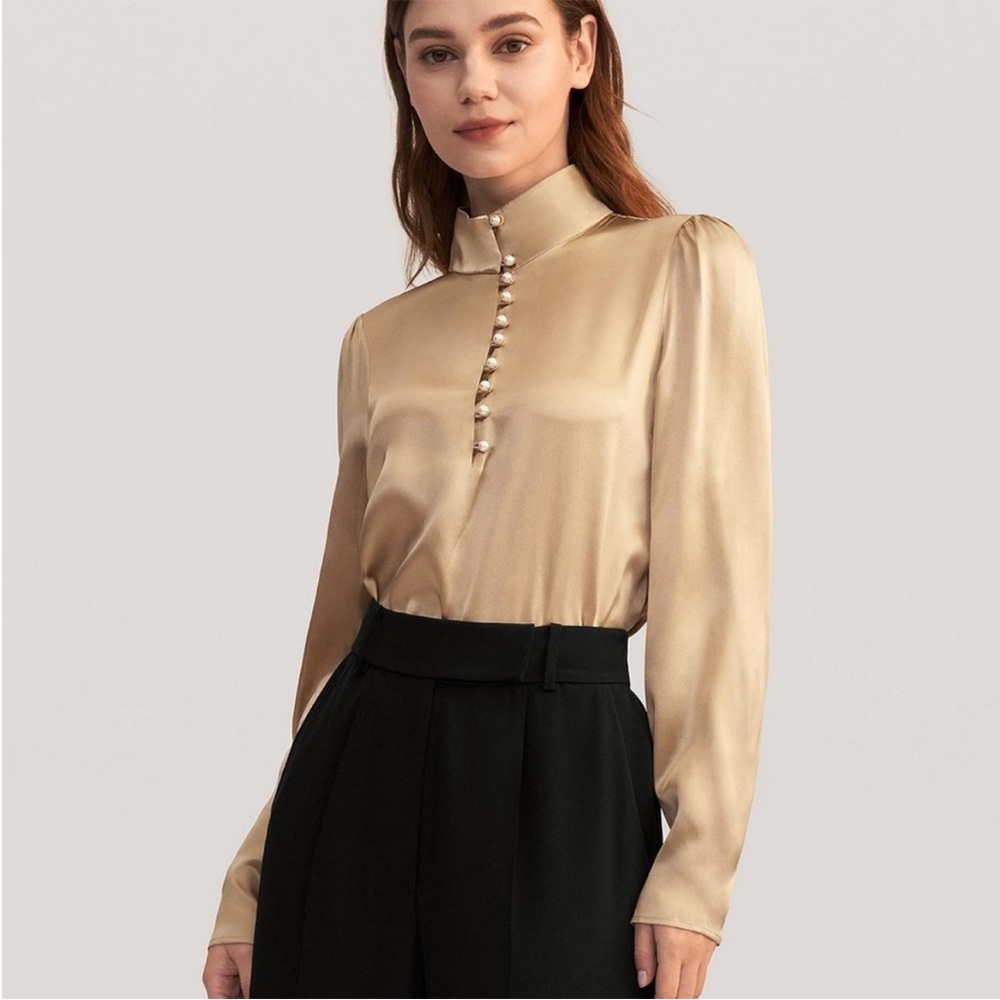 LILYSILK Mulberry Silk Pearl Button Mandarin Collar Stretch Silk Blouse